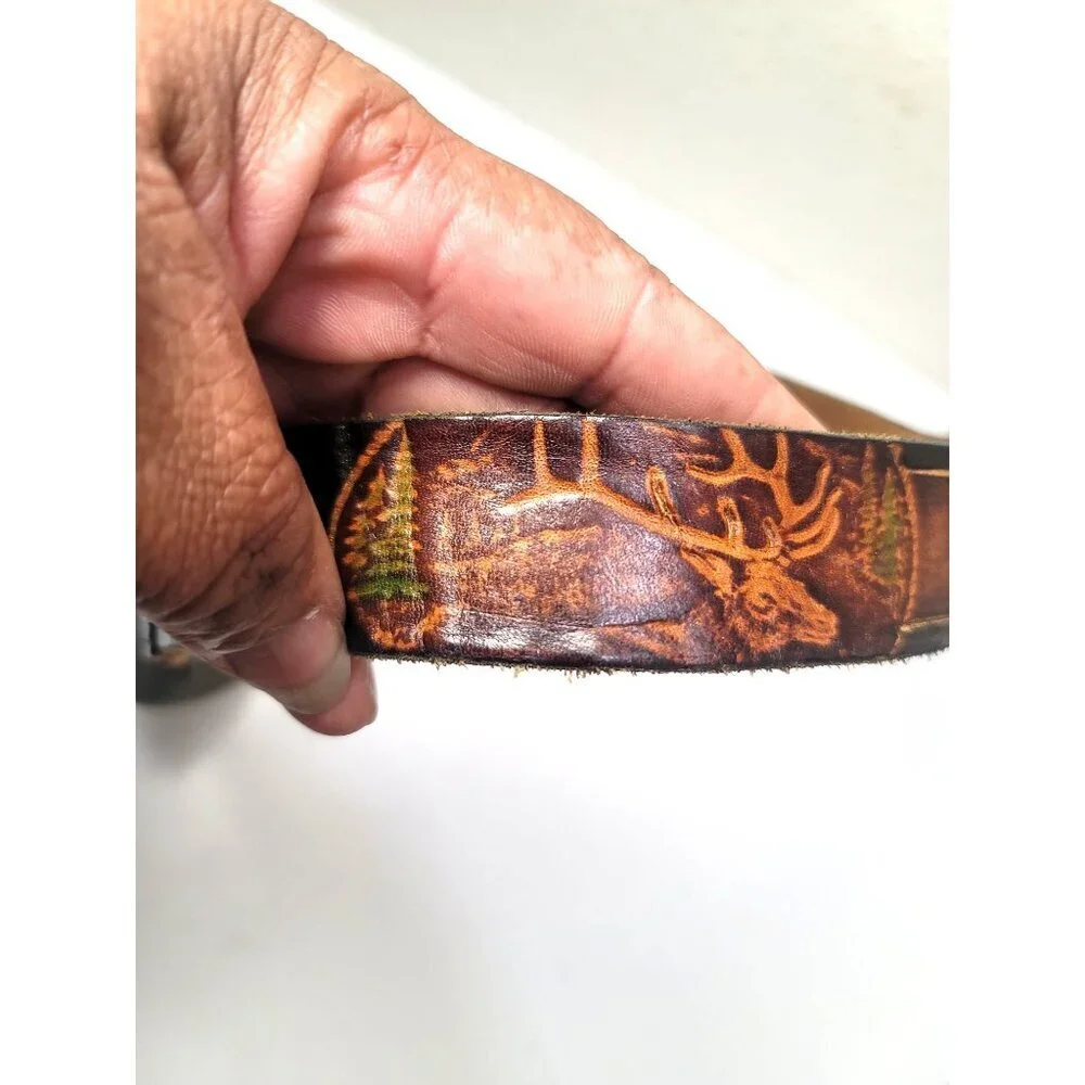 Vintage Leather Belt With‎ Deer Design & Buckle Size 36